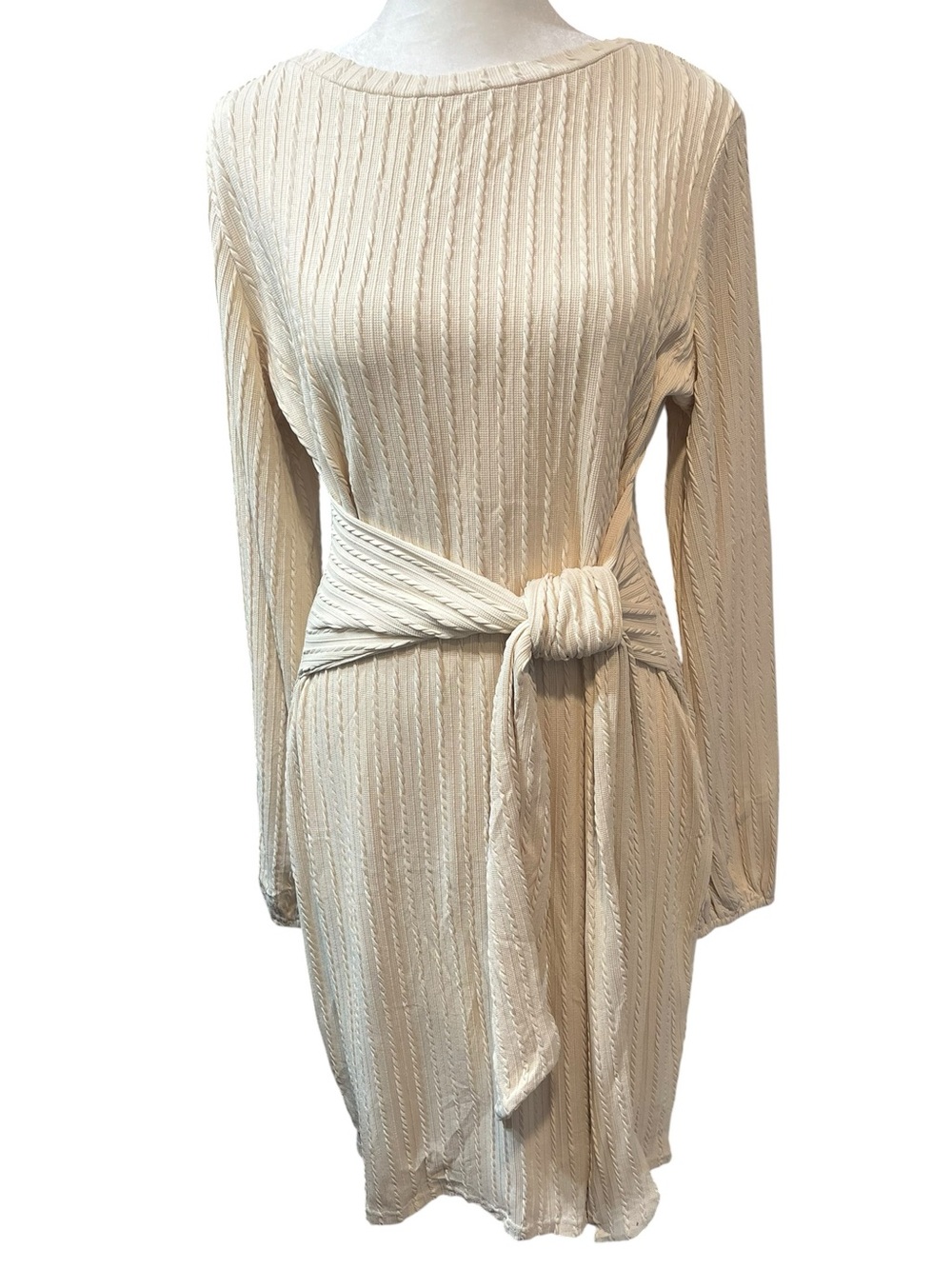 Cream Textured Long Sleeve Midi Dress with a Tie Waist Belt - Large